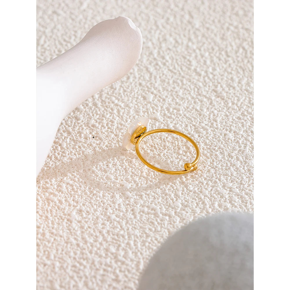 Fashion Natural Shell Flower Adjustable Open Ring Sweet Stainless Steel 18K PVD Plated Summer Daily Jewelry Gift