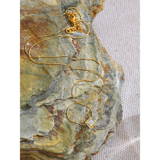 Delicate Stainless Steel Square Natural Opal Stone Pendant Necklace Chain Stylish Dainty Golden Collar Chic Jewelry Gift