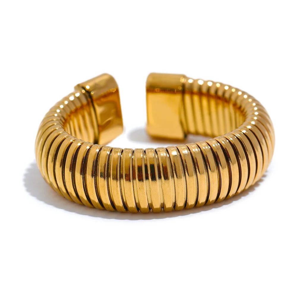 Fashion Stainless Steel Round Elastic Open Ring Minimalist 18K PVD Plated Metal Classic Texture Jewelry Anillo Bijoux