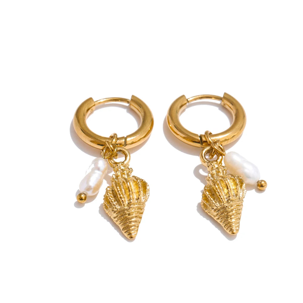 Ocean Style Natural Pearl Conch Shell Starfish Drop Summer Hoop Earrings for Women Stainless Steel Holiday Daily Jewelry
