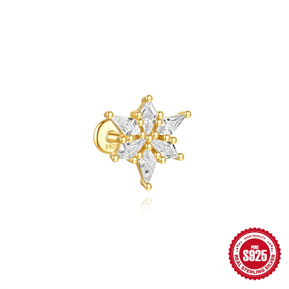 CANNER 1Pc 925 Silver Smooth Stars Moon Stud Earrings For Women 18K Gold Flat Head Threaded Puncture Ear Bone Ins Fine Jewelry