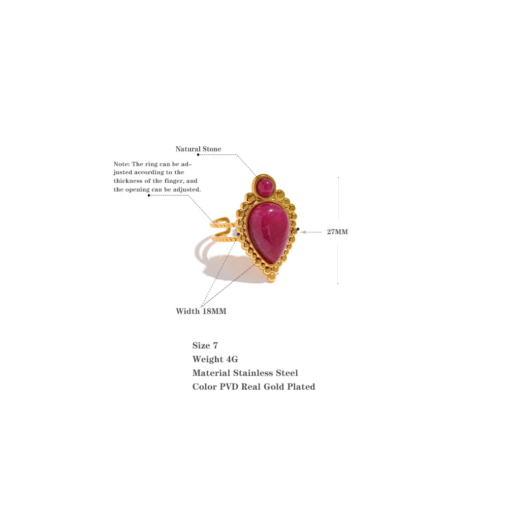 Vintage Natural Stone Artificial Agate Stainless Steel Metal Open Ring 18K Gold Plated Waterproof Fashion Jewelry Women