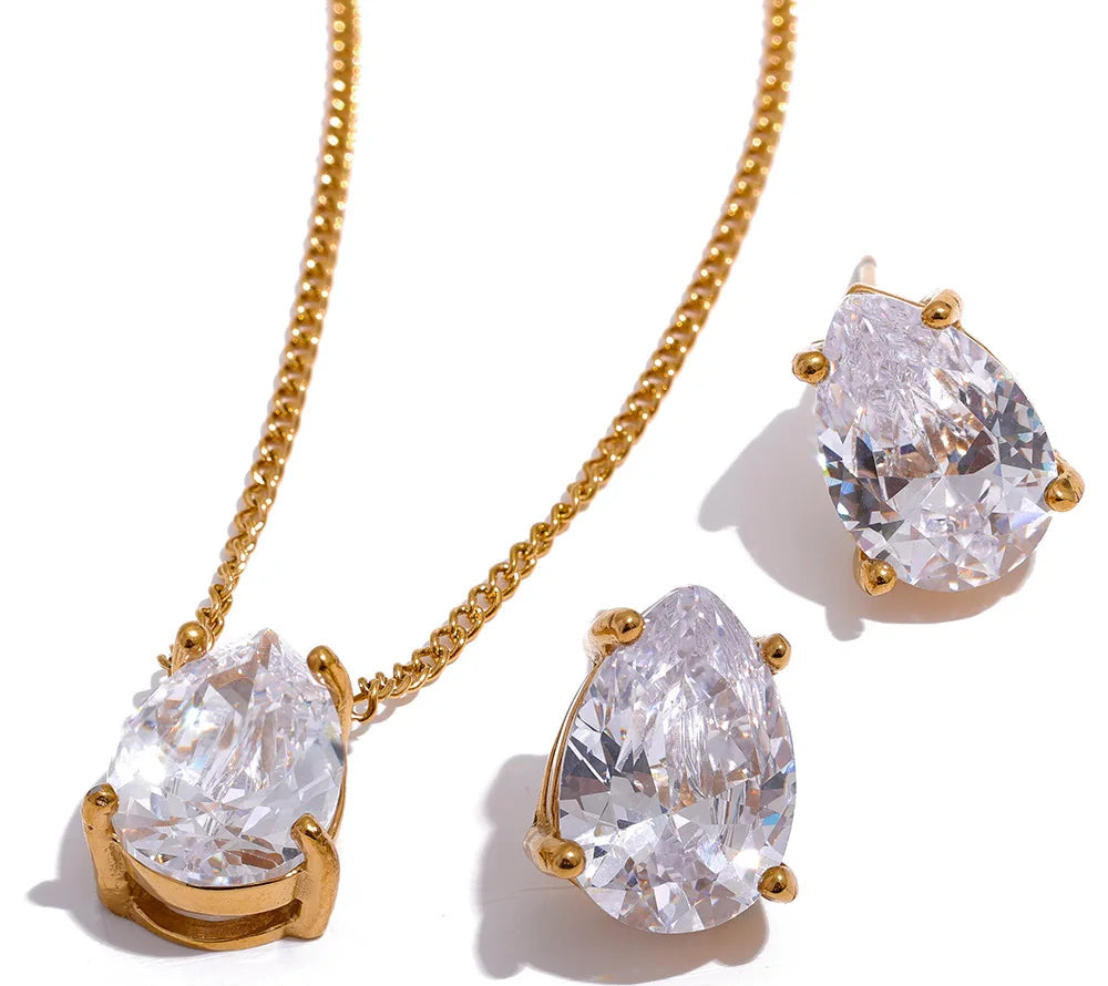 Delicate Shiny Cubic Zirconia Stainless Steel Water Drop Pendant Necklace Stud Earrings Waterproof Jewelry Chic Party Gift