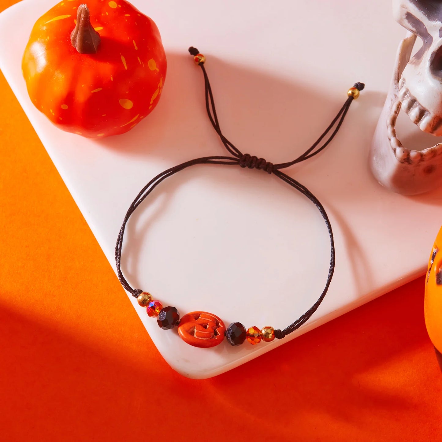 Fashion Halloween Handmade Braided Bracelet for Women Pumpkin Skeleton Skull Big Flower Beaded Bangles Festival Party Jewelry