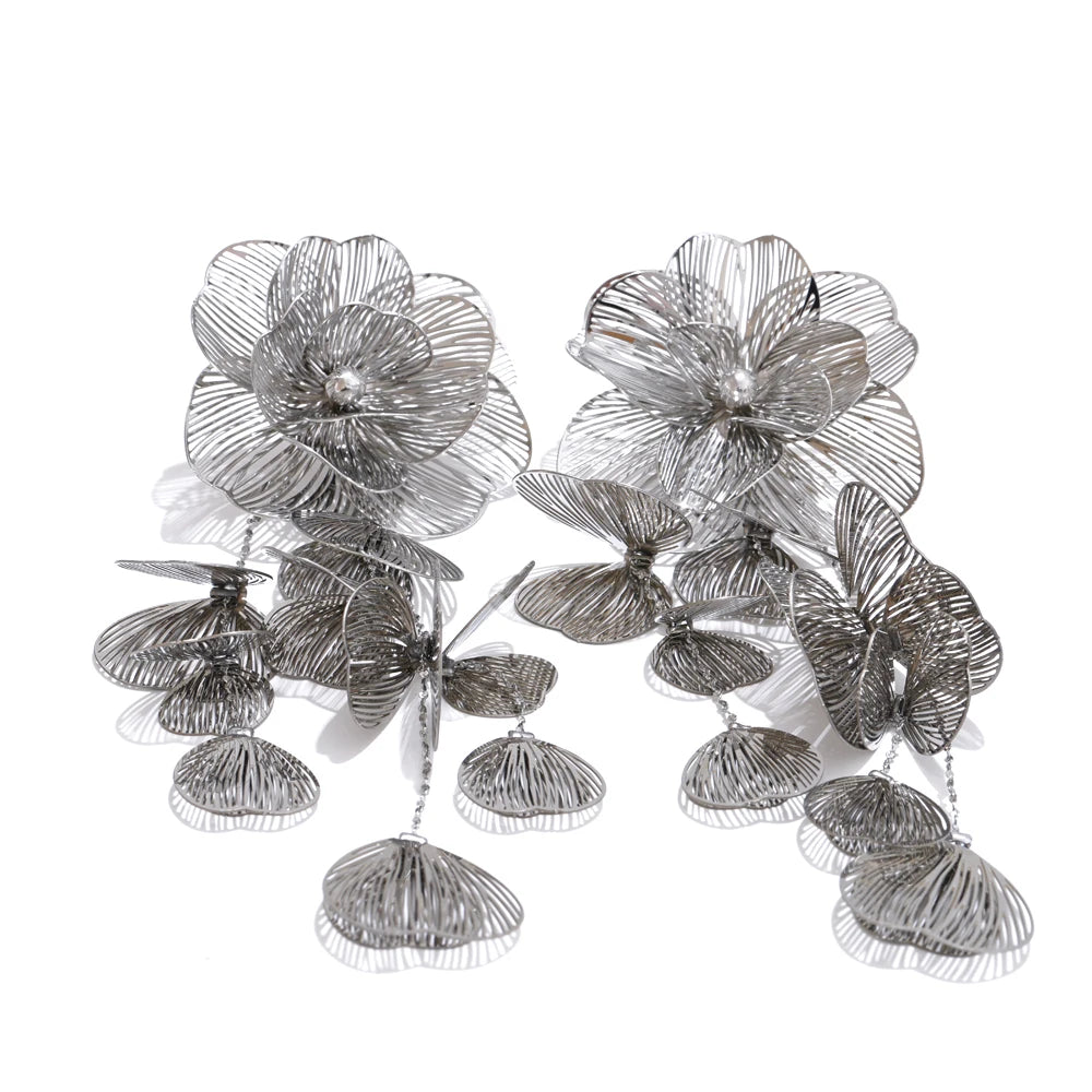 Stainless Steel Big Flower Tassel Drop Dangle Exaggerated Earrings Metal Fashion Eye-Catching Party Jewelry Hypoallergenic