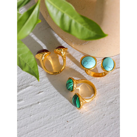 Size 7 Vintage France Natural Stone Stainless Steel Cast Geometric Big Ring Women Fashion Charm Golden Personality Jewelry