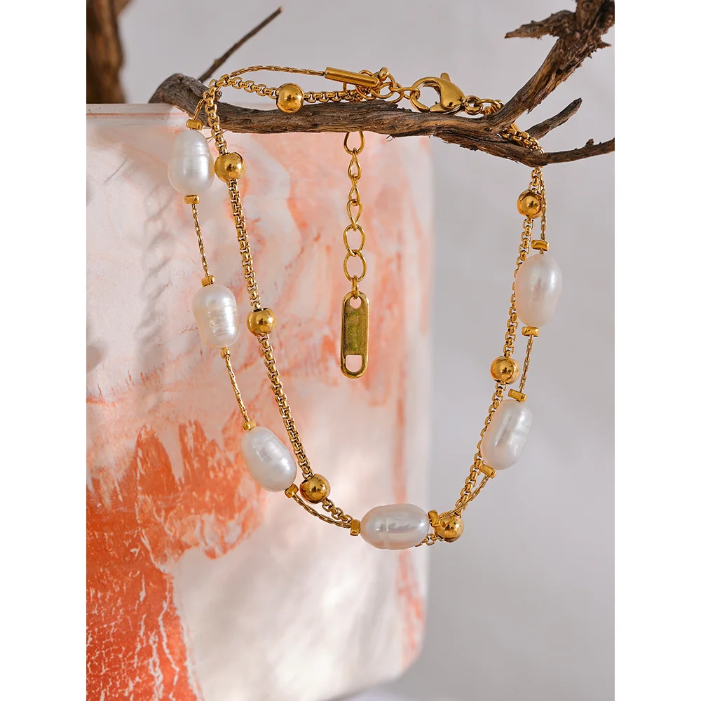 Natural Pearls Double Layer Chain Stainless Steel Charm Bracelet Bangle Women Stylish Summer Jewelry Waterproof
