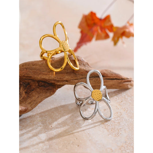 Trendy Stainless Steel Metal Flower Adjustable Fashion Finger Ring Rust Proof Attractive Daily Jewelry Accessories Gift