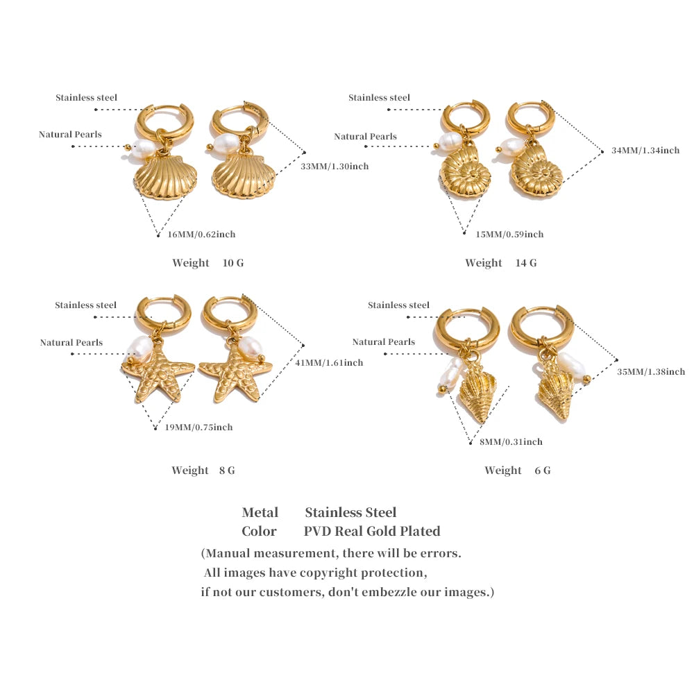 Ocean Style Natural Pearl Conch Shell Starfish Drop Summer Hoop Earrings for Women Stainless Steel Holiday Daily Jewelry