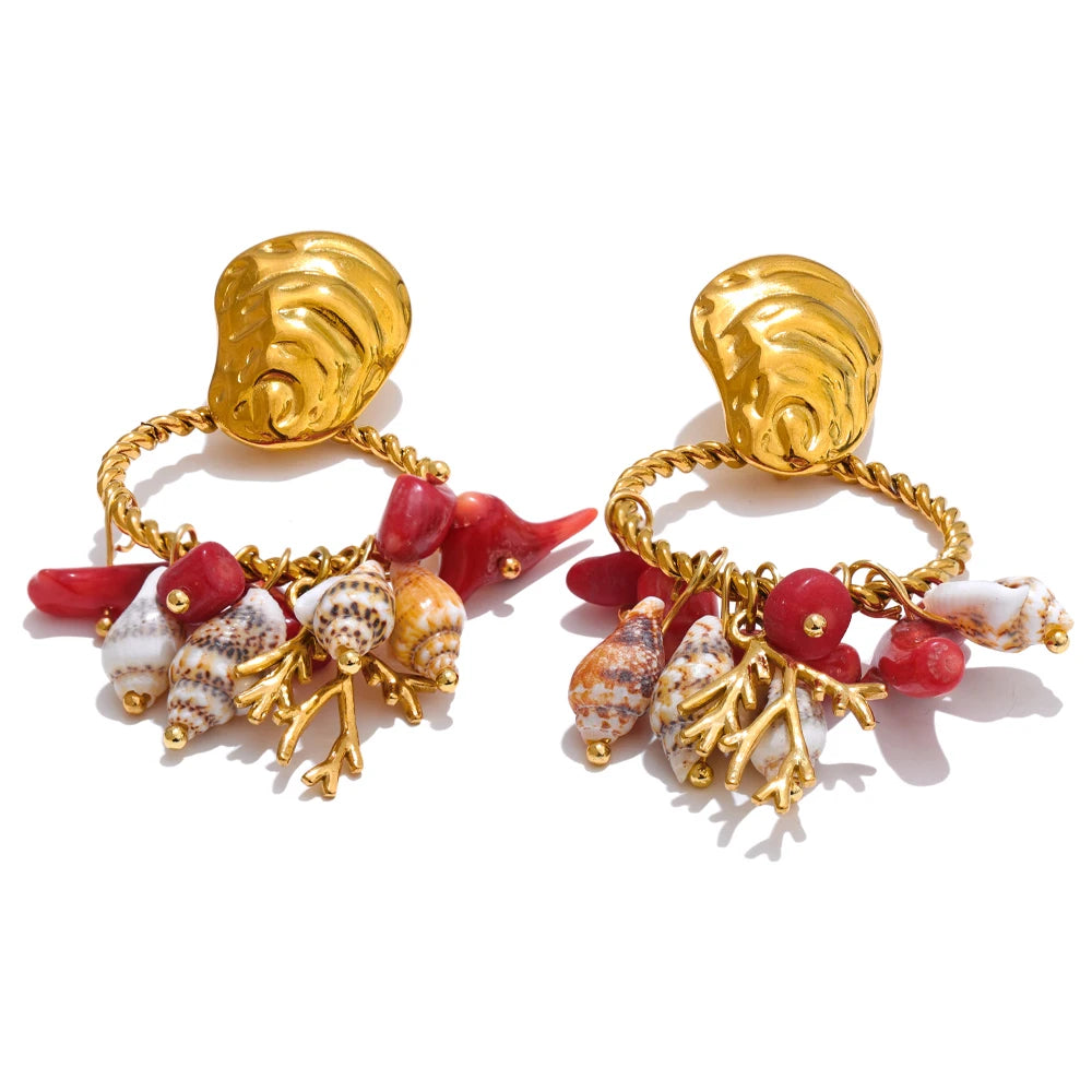 Ocean Holiday Red Stone Shell Conch Drop Dangle Earrings 316L Stainless Steel Summer Beach Golden Jewellery