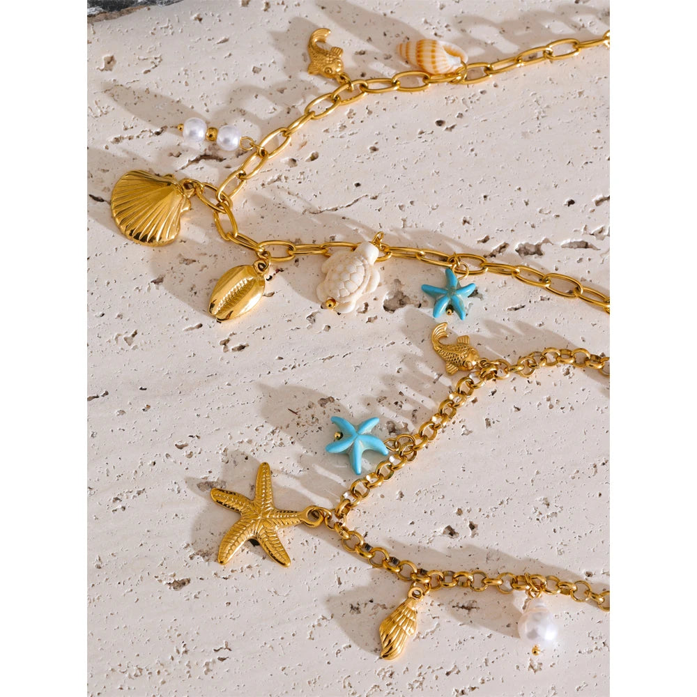 Ocean Style Starfish Shell Pendant Handmade Necklace Bracelet Summer Vacation Stainless Steel Jewelry Waterproof