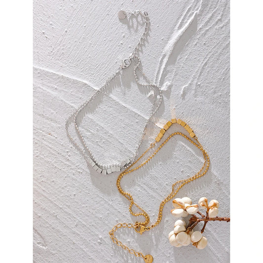 Waterproof Stainless Steel Square Bead Chain Layered Anklet for Women Gold Color Statement Summer Sandy Beach Jewelry