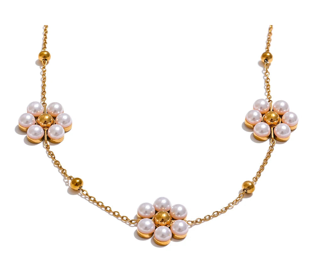 Fashion Imitation Pearls Handmade Flower Beads Chain Necklace Women 18K Gold Color PVD Stainless Steel Jewelry Waterproof