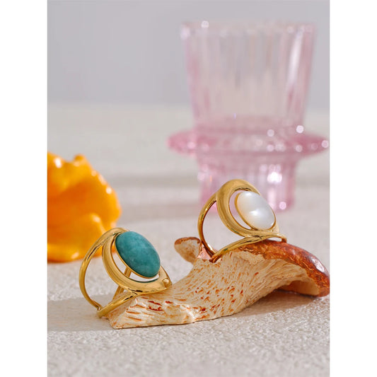 Exquisite Natural Stone Open Adjustable Ring Glossy Stainless Steel PVD Plated Arrivals Jewelry Recommend 2025