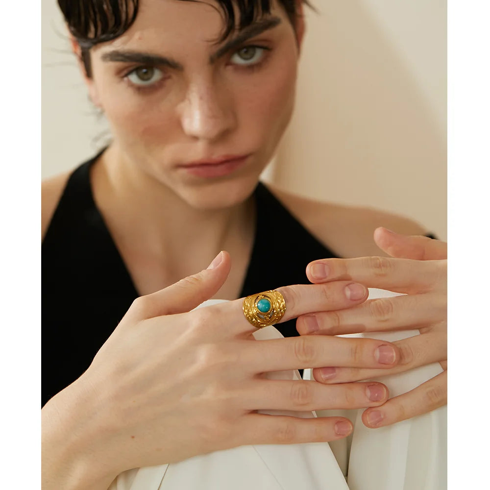 Vintage Red Blue Natural Stone Stainless Steel Open Ring Fashion Trendy Jewelry for Women