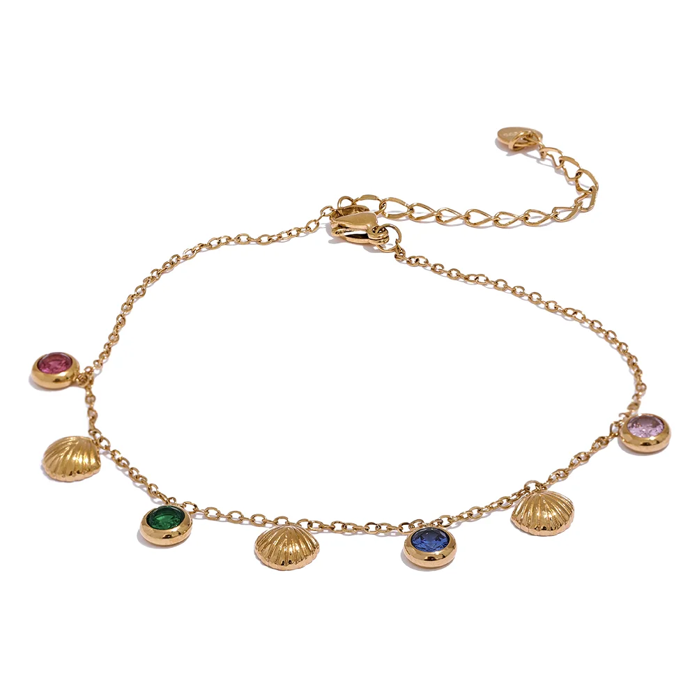 Colorful Shiny Cubic Zirconia Shell Stainless Steel Summer Anklet Fashion Trendy Foot Chain Jewelry for Women Bijoux Femme