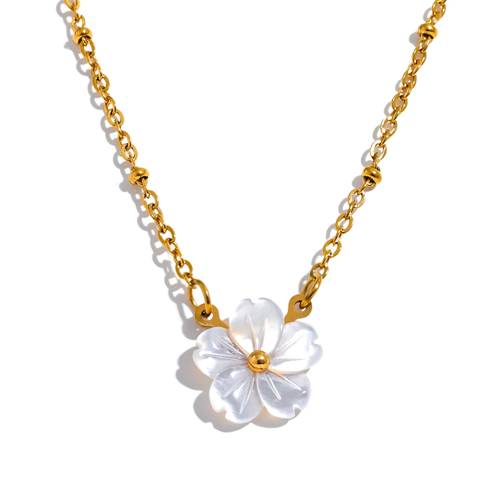 Chic Fashion Natural Shell Flower Pendant Necklace Gift Stainless Steel Exquisite Chain Gold Color Premium Jewelry Bijoux