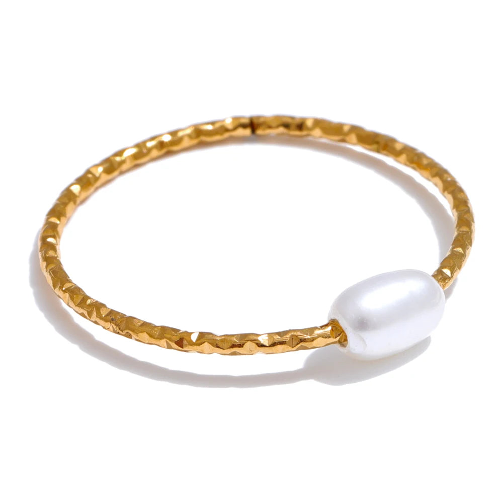 Trendy Stainless Steel Natural Pearl Thin Finger Ring for Women Summer Versatile Daily Jewelry Accessories Gift