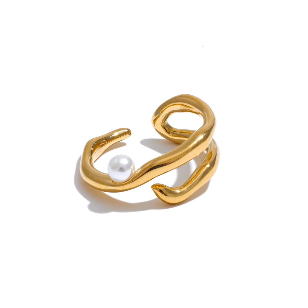 Stylish Unique Stainless Steel Pearls Geometric Open Chic Ring for Women High Quality Jewelry Bijoux