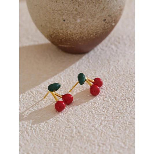 Hot Style Stainless Steel Enamel Cute Cherry Fashion Stud Earrings Gift Women Prevent Allergy Trending Exquisite Jewelry