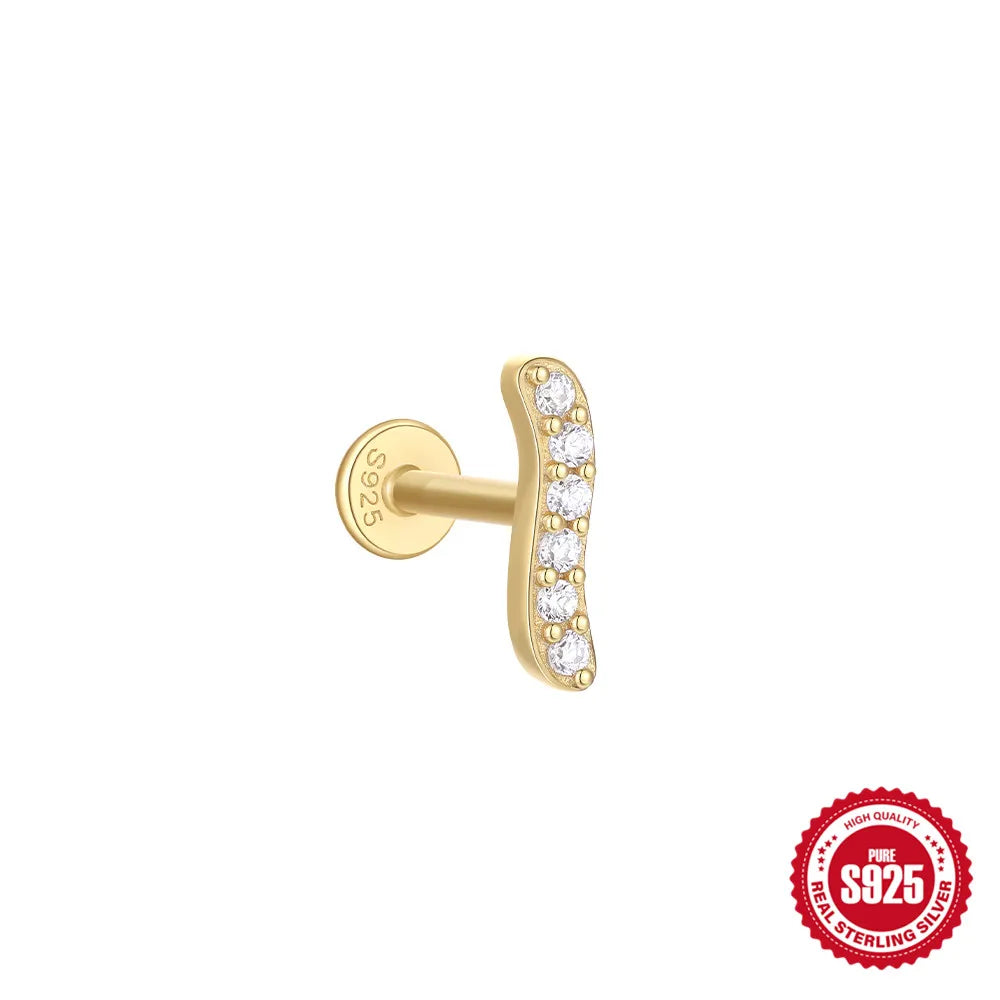 CANNER 1Pc 925 Silver Smooth Stars Moon Stud Earrings For Women 18K Gold Flat Head Threaded Puncture Ear Bone Ins Fine Jewelry