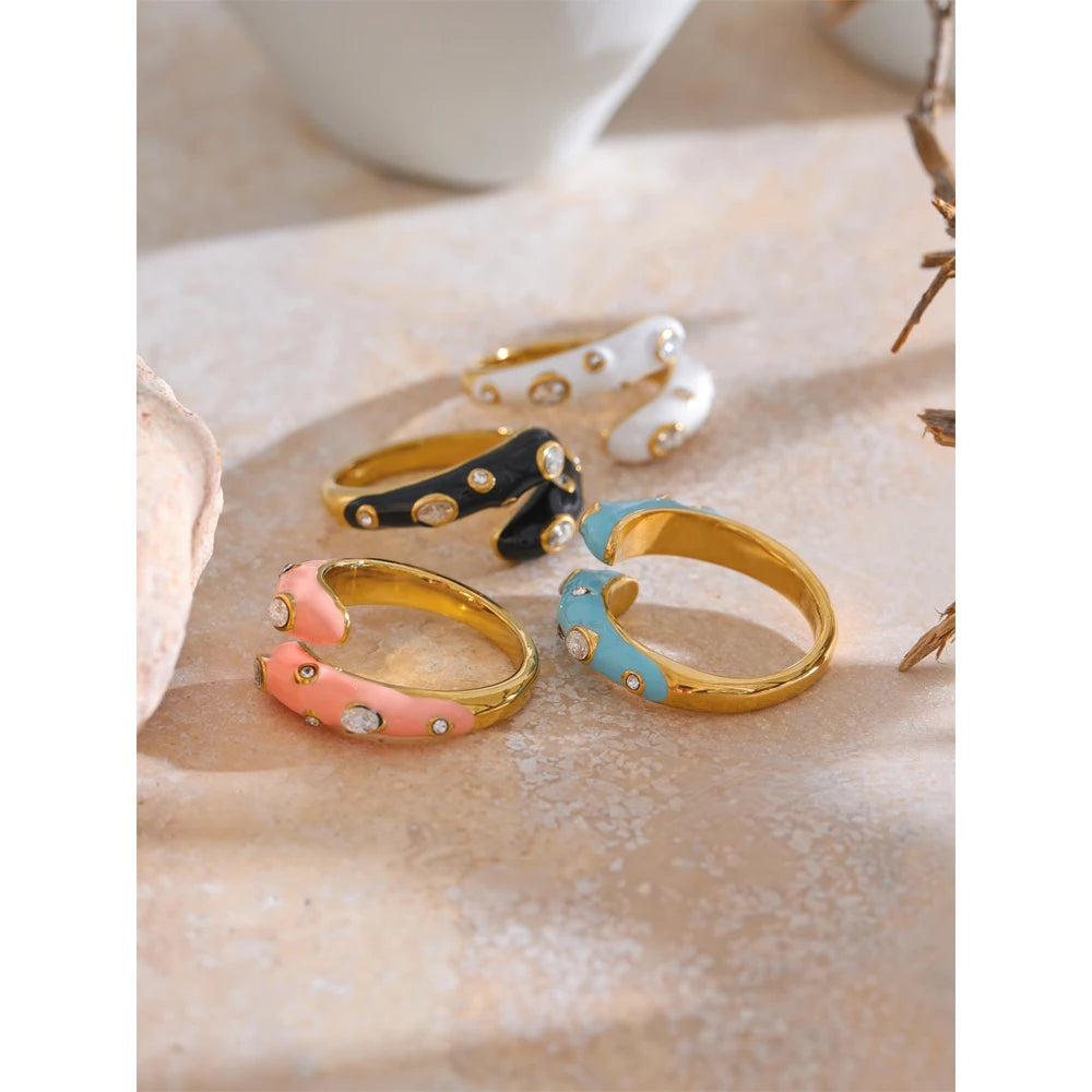 Adjustable Candy Y2K Blue White Black Pink Enamel Cubic Zirconia Exquisite Open Ring Golden Stainless Steel Jewelry Gift
