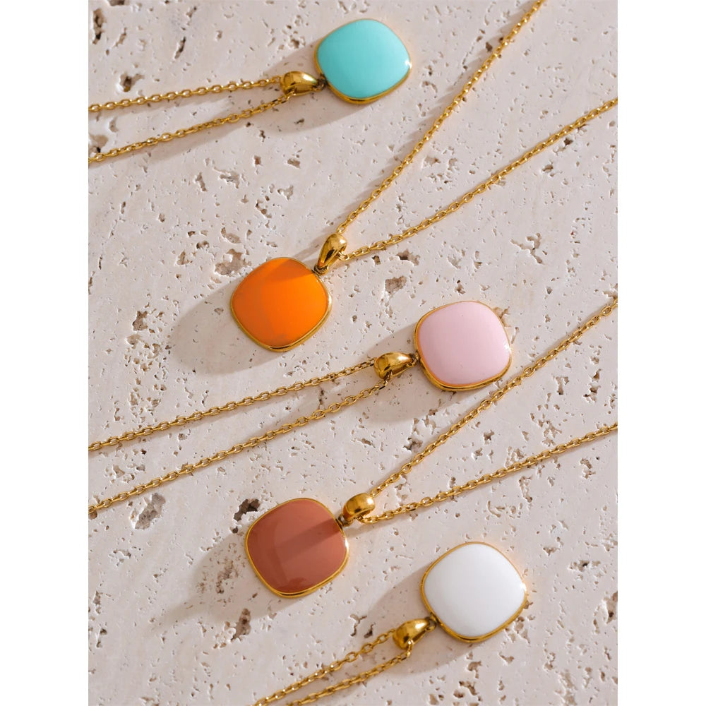 Candy Color Sweet Square Pendant Necklace Stainless Steel Gold Color PVD Plated Basic Fashion Jewelry for Women for Girl