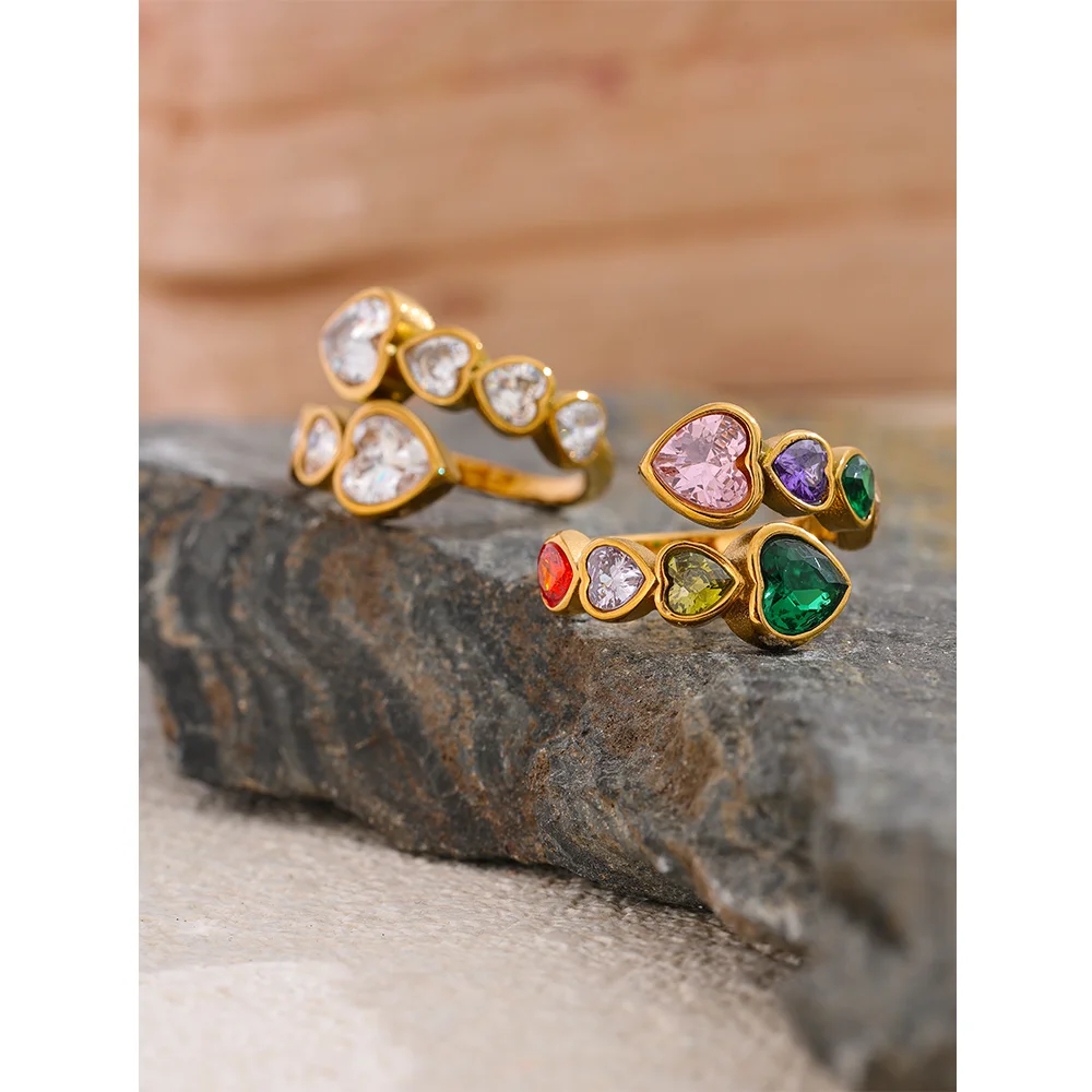 Delicate Cubic Zirconia Heart Stainless Steel Gold Color Adjustable Fashion Open Ring High Quality Chic Charm Jewelry