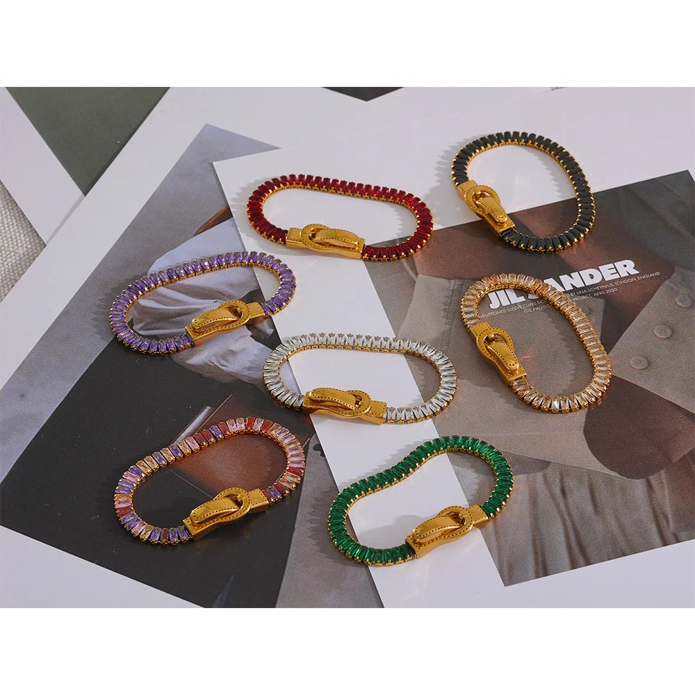 Luxury Colorful Cubic Zirconia Stainless Steel Belt Buckle Bracelet Bangle Bling Stylish Unique Waterproof Fashion Jewelry