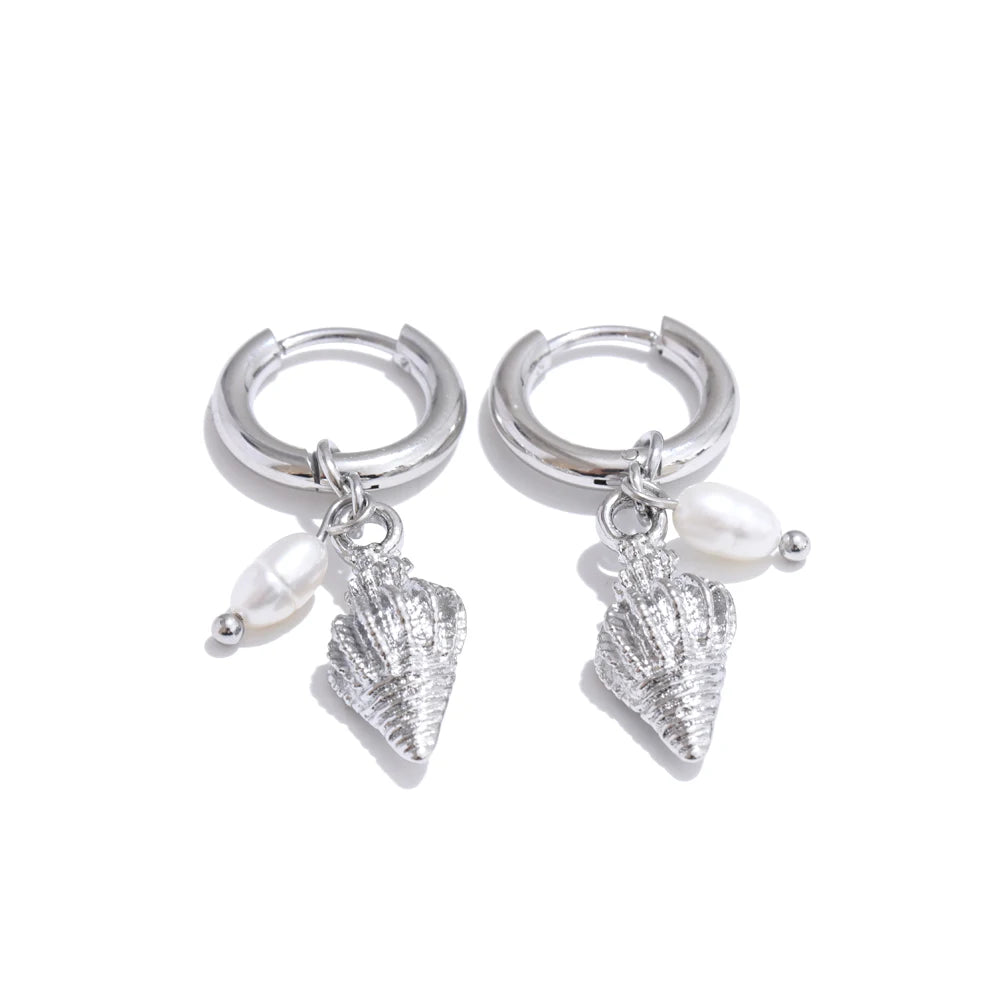 Ocean Style Natural Pearl Conch Shell Starfish Drop Summer Hoop Earrings for Women Stainless Steel Holiday Daily Jewelry