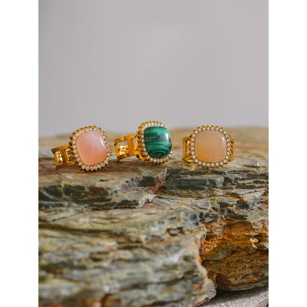 Natural Pink Crystal Stone Malachite Zircon Square Open Ring for Women Stainless Steel High Quality Finger Jewelry Gift