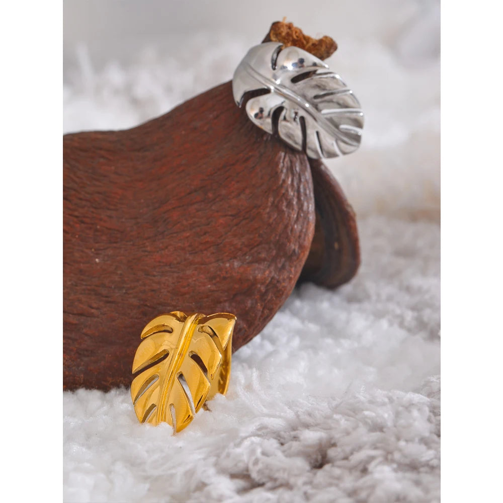 Stylish Design Stainless Steel Metal Leaf Leaves Open Ring Rust Proof Individualistic Fashion Jewelry Water Resistant Gift