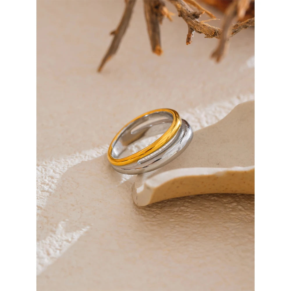 6789# Statement Stainless Steel Metal Double Color Geometric Casting Ring for Women Water Resistant Trendy Jewelry Gift