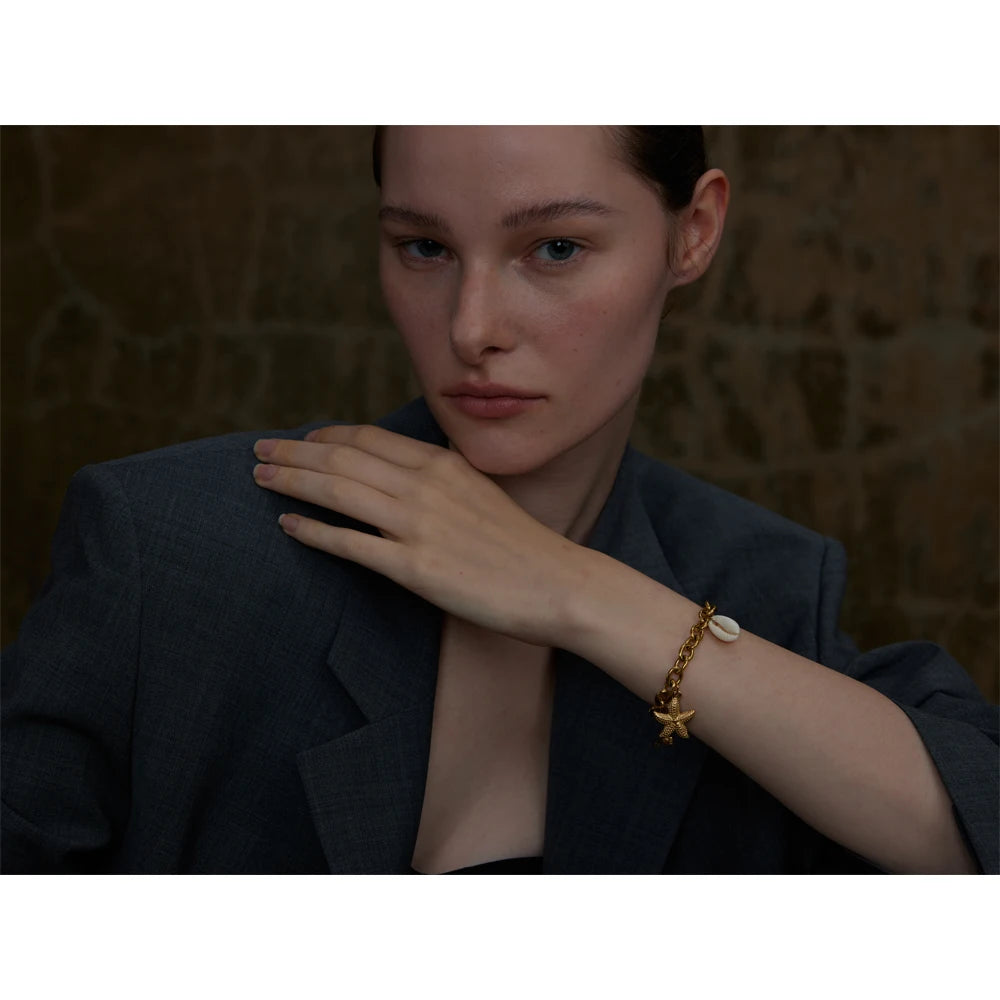 Stainless Steel 18K Gold PVD Plated Metal Chain Waterproof Ocean Pendant Charm Starfish Shell Accessories Holiday Jewelry