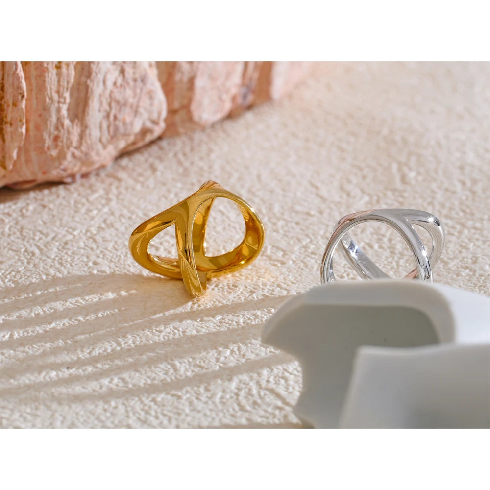 6789# PVD Plated Statement Stainless Steel X-Shape Geometric Finger Ring Waterproof Smooth Metal Handmade Polished Jewelry