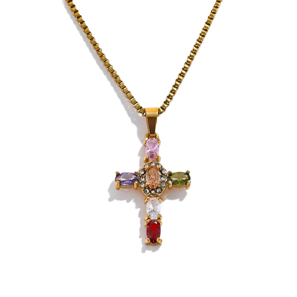 Delicate Colorful Bling Cubic Zirconia Cross Pendant Stainless Steel Luxury Necklace High-Grade Fashion Shiny Jewelry Gift