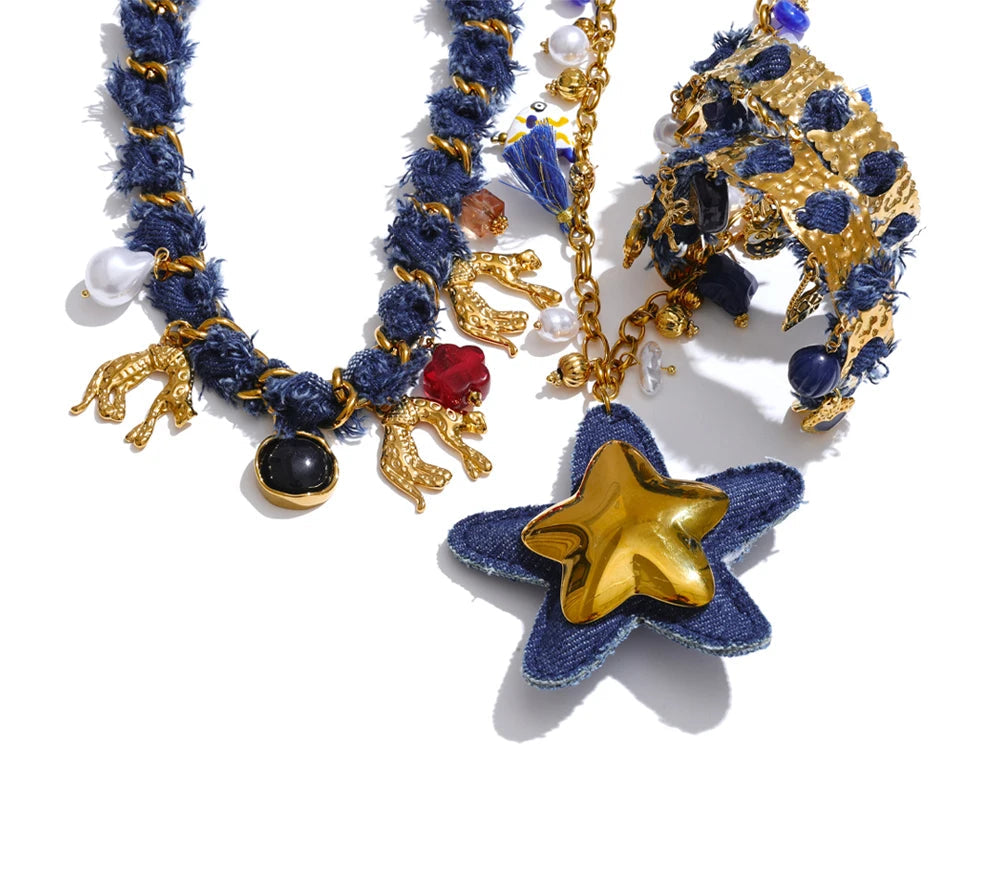 Exclusive Design Blue Denim Heart Star Animal Pendant Necklace Bracelet Bangle Popular Charm Jewelry Autumn & Winter New