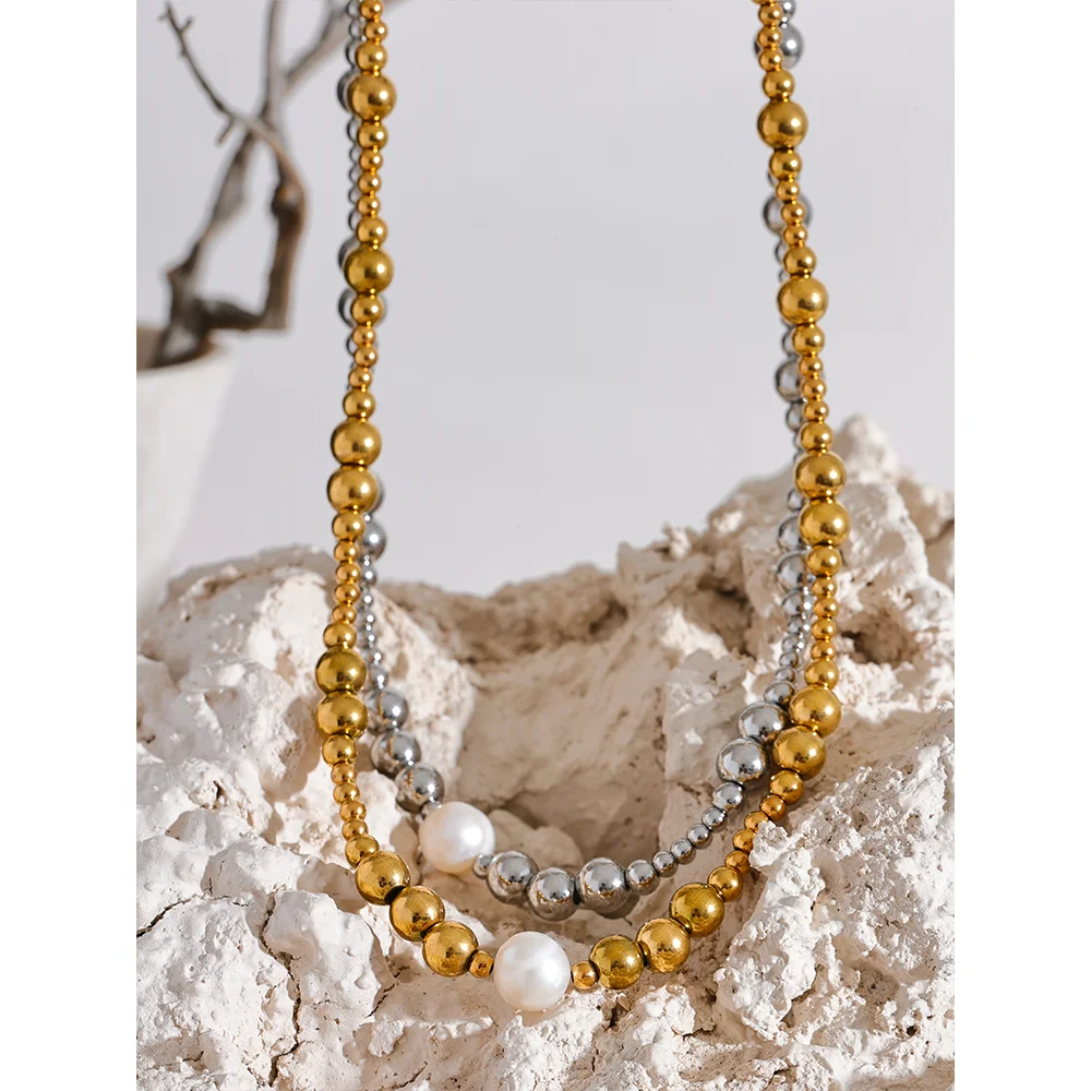 Waterproof Stainless Steel Natural Pearl Metal 18K Gold Plated Beads Necklace Women Fashion Collar Jewelry Bijoux