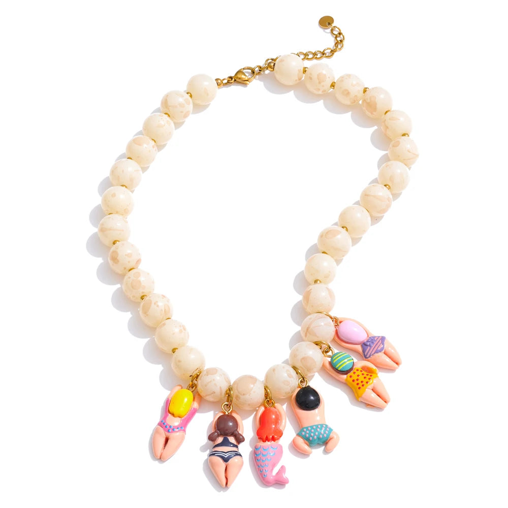 Stylish Unique Handmade Jewelry Glass Imitation Stone Beads Chain Resin Bikini Doll Drop Creative Necklace Accessories
