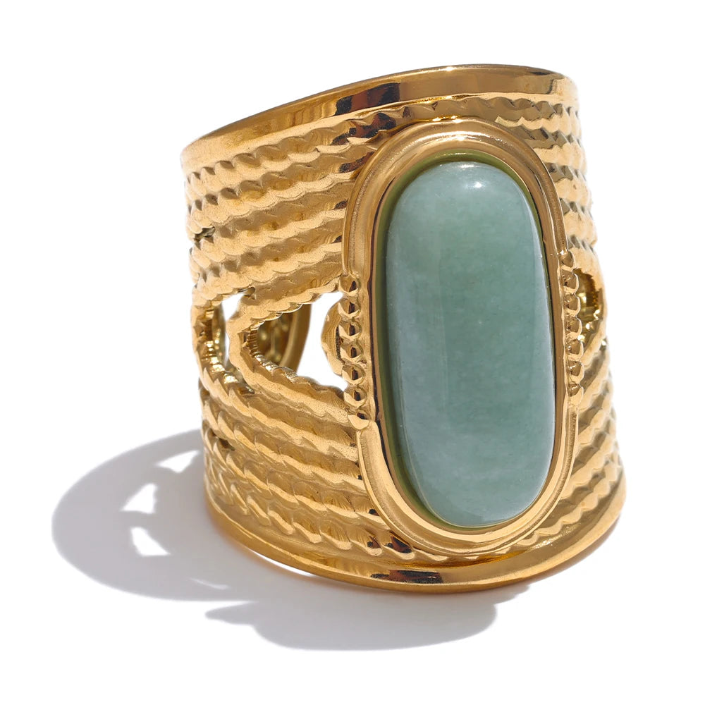Green Natural Stone Fashion Open Ring Adjustable Stainless Steel Golden Geometric Daily Statement Jewelry Accessories Gift