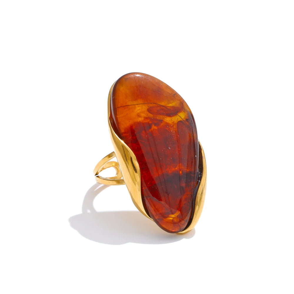 New Design Brown Green Beige Resin Geometric Adjustable Ring Golden PVD Stainless Steel Rust Proof Finger Jewelry Gift