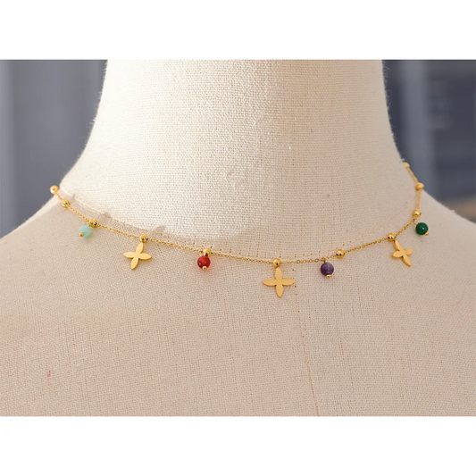 Colorful Waterproof Natural Stone Flower Drop Stainless Steel Chain Aesthetic Necklace Fashion Collar Jewelry for Women