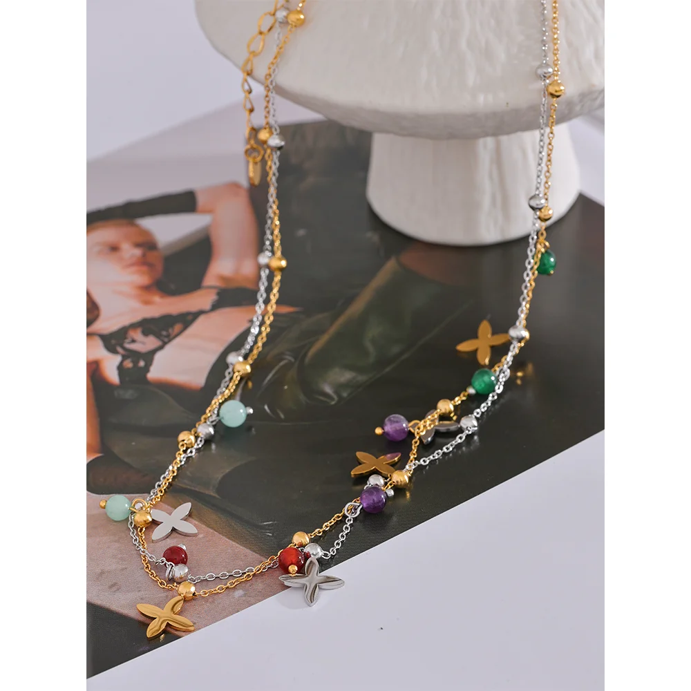 Colorful Waterproof Natural Stone Flower Drop Stainless Steel Chain Aesthetic Necklace Fashion Collar Jewelry for Women