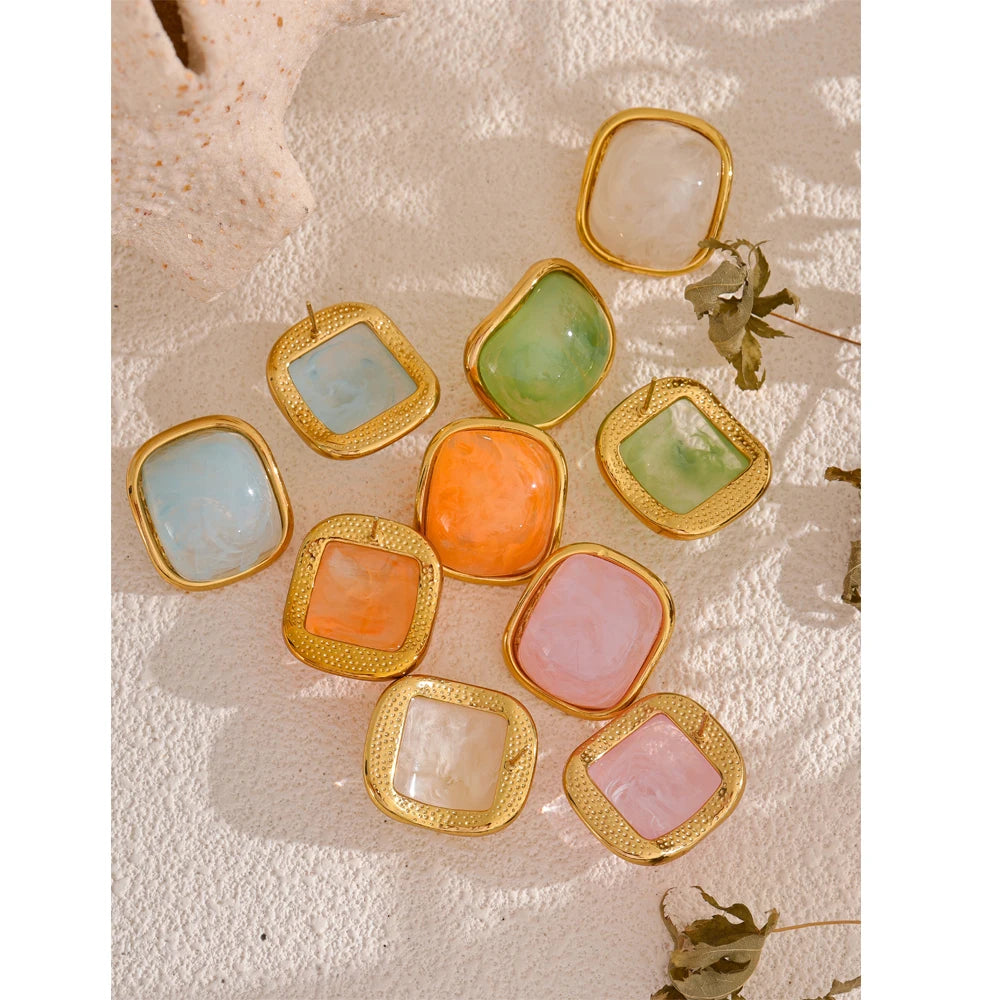 Y2K Colorful Resin Square Golden Stud Earrings Women Summer Stainless Steel 18k Plated Candy Charm Jewelry Waterproof