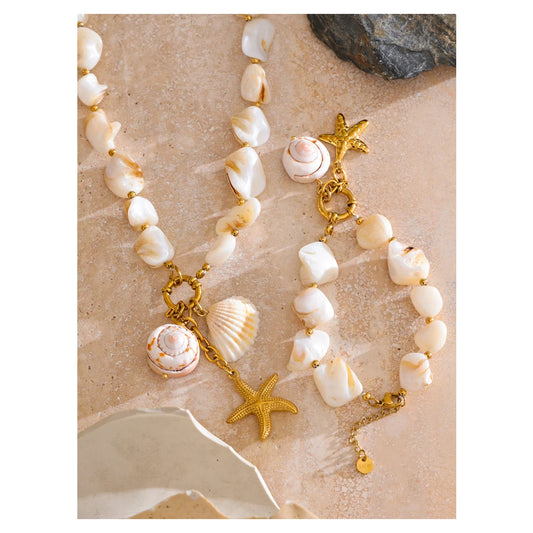 Ocean Style Shell Chain Conch Starfish Drop Necklace Bracelet Bangle Stainless Steel Summer Beach Jewelry Gift