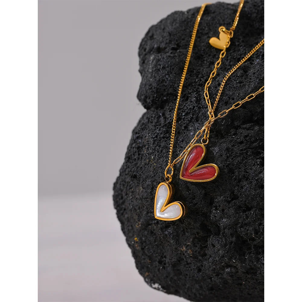 Red Enamel White Natural Shell Stainless Steel Heart Pendant Necklace Trendy Exquisite Jewelry Attractive Accessories