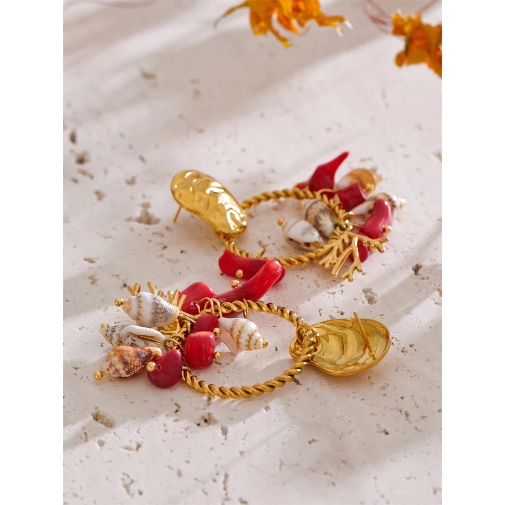 Ocean Holiday Red Stone Shell Conch Drop Dangle Earrings 316L Stainless Steel Summer Beach Golden Jewellery