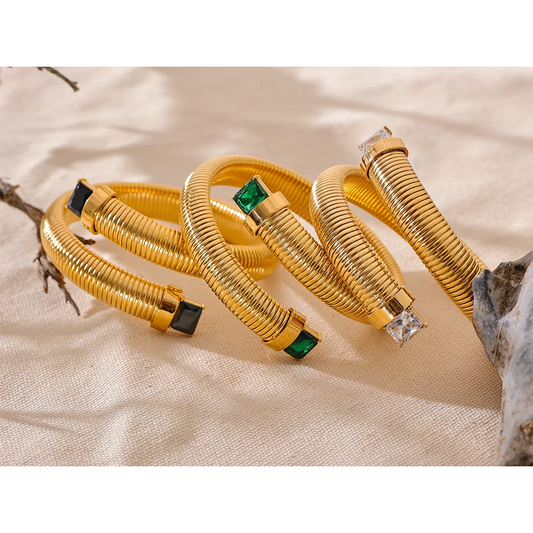 White Green Black Cubic Zirconia Stainless Steel Elastic Trend Metal Statement Bracelet Bangle High Quality Golden Jewelry