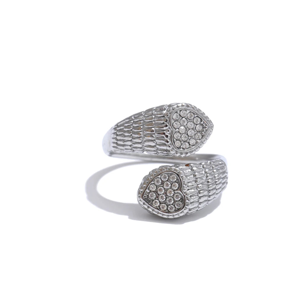 Stylish Adjustable Stainless Steel Zirconia Heart Snake Ring for Women 18K PVD Plated Jewelry New