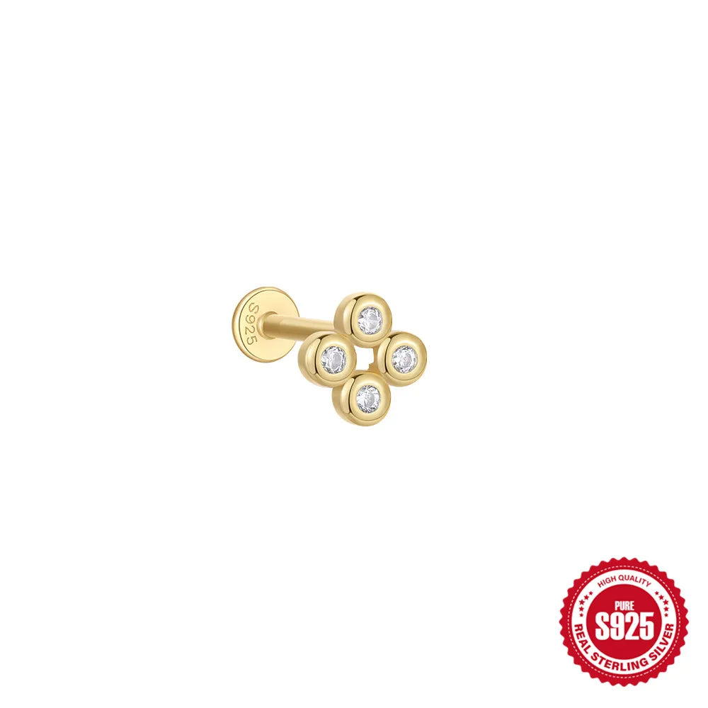 CANNER 1Pc 925 Silver Smooth Stars Moon Stud Earrings For Women 18K Gold Flat Head Threaded Puncture Ear Bone Ins Fine Jewelry